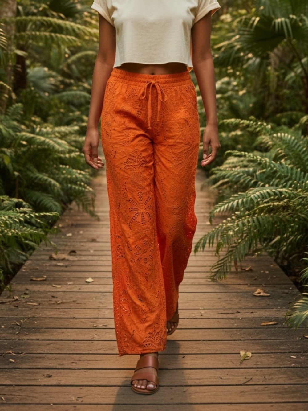 Alden Adair Orange Eyelet Wide Leg Beach Resort Pants Coverup Boho Size S